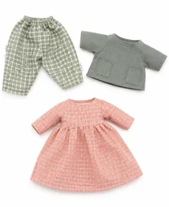 Doll clothes set details, green plaid trousers, pocket top, and pink dress for plush toys.