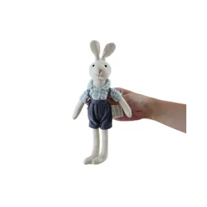 Cotton linen lop-eared rabbit plush doll toy with cute blue plaid shirt and blue overalls.