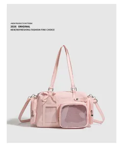Borsa a tracolla rosa ita bag con finestra trasparente e tasca in rete per fan di anime.