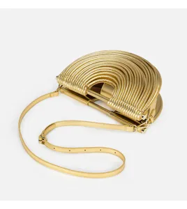 Gold metallic semi-circular crossbody handbag with unique pleated noodle design and strap.