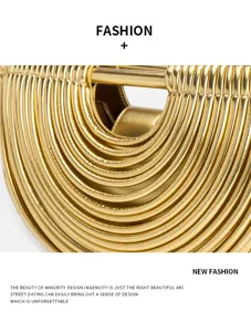 Golden metallic half-circle handbag with unique arched design and elegant top handle for women.