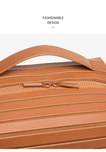 Brown cosmetic bag with striped design and top handle for travel and daily storage makeup.