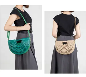 Chic crescent pleated shoulder bag for women, stylish niche design handbag in green and beige.