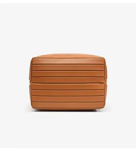 Brown striped cosmetic bag, stylish travel toiletry pouch, large capacity makeup storage case.