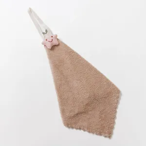Soft coral fleece hanging hand towel with cute star plush decoration, quick dry for kitchen.