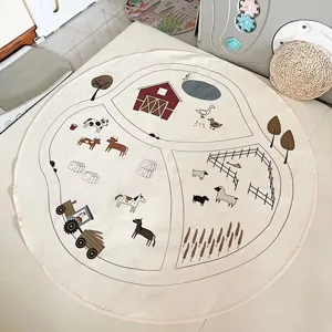 Nordic style farm print round children play mat, soft baby crawling mat for nursery room decor.