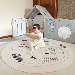 Nordic style baby crawling mat with cute farm animal print, soft round floor mat for kids.