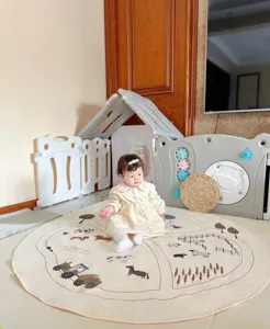 Nordic style farm print round baby crawling mat, soft floor carpet for kids room nursery play.