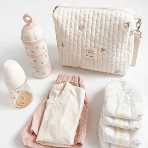 Schicke gesteppte Wickeltasche Detailansicht mit Babyflasche Kleidung und Blumembordüre Design.