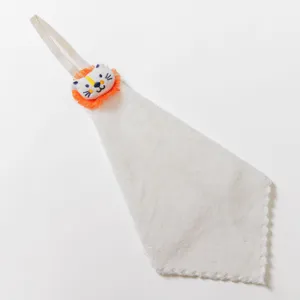 Hanging hand towel detail view, soft absorbent fabric with cute animal plush decor for kitchen.