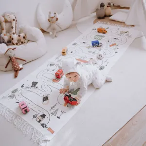 Nordic style baby crawling mat with farm print and tassels for kids room play rug