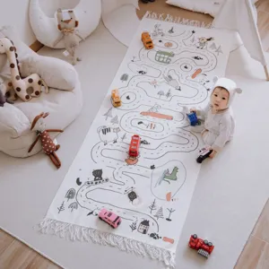 Cozy baby crawling mat detail showing road and car prints for nursery decor and play time.
