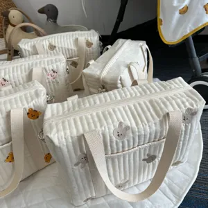 Nordischer Stil gesteppte Baby Wickeltasche mit süßer Tierstickerei, große Tragetasche.