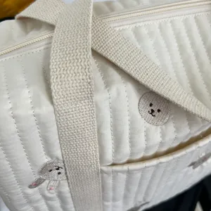 Detailaufnahme der gesteppten Wickeltasche mit süßen Tierstickereien und stabilen Griffen.