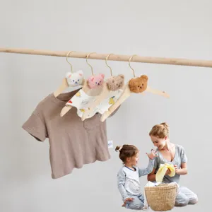 INS Style Wooden Children Clothes Hanger Cute Plush Bear Head Design Kids Room Storage Garment Hanger Multiple Colors