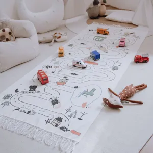 Nordic style farm print children play mat, soft baby crawling mat and rug detail view.