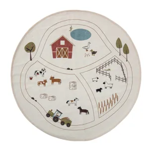 Nordic farm print children round play mat, cute baby crawling rug for kids room floor decor.