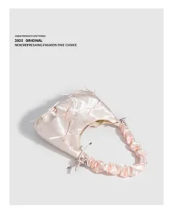 Borsa rosa in raso con fiocco, borsa a spalla arricciata elegante, borsetta alla moda per donna.