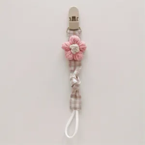 Handmade knitted flower baby pacifier clip with plaid strap anti-loss teething chain