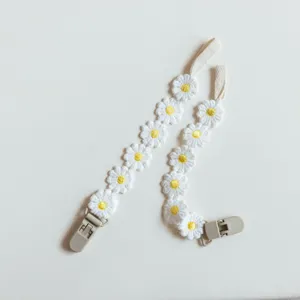Daisy baby pacifier clip strap, cute floral embroidery teething anti-loss chain accessory.