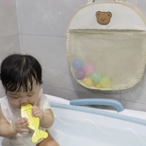 Baby bath toy storage bag hanging mesh organizer with cute bear patch for bathroom.
