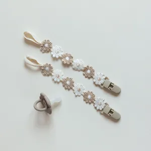 Cute daisy embroidery baby pacifier clip strap set, soft handmade teething anti-lost chain.