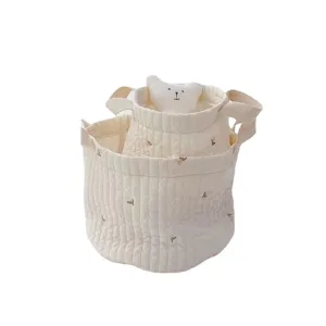 Quilted cotton storage basket with cute bear embroidery, portable organizer bin for toys.