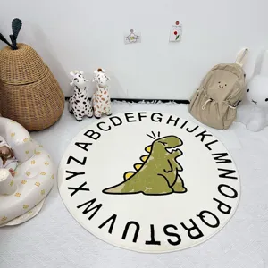 Round kids floor mat with dinosaur alphabet print, soft imitation cashmere rug for nursery.