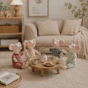 Cute knitted mouse plush toys set 15cm miniature dollhouse decor cozy animal figures