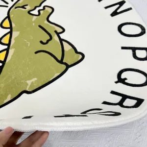Round kids cartoon dinosaur rug detail, soft cashmere-like material with neat edge locking.