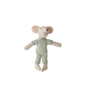 Cute linen fabric mouse doll with green striped romper, perfect for miniature dollhouse decor.