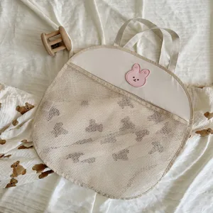 Mesh hanging storage bag for bathroom, cute rabbit patch design, breathable toy organizer.