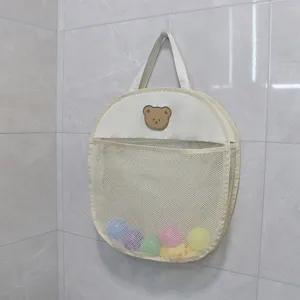 Cute bear mesh bath toy storage bag, hanging organizer for kids bathroom and shower use.