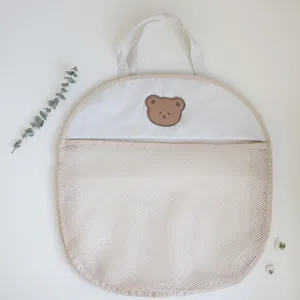 Cute bear mesh bath storage bag, hanging organizer for bathroom toys and baby essentials.