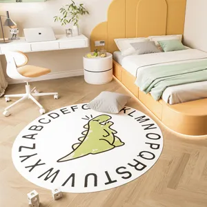 Round cashmere-like kids room floor rug, cute cartoon dinosaur and alphabet print mat
