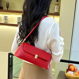 Chic red baguette shoulder bag for women, stylish minimalist PU leather daily handbag.