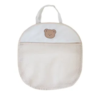 Hanging mesh bath toy storage bag, cute bear kids bathroom organizer with handles.