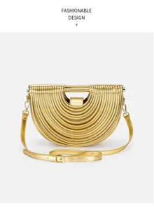 Gold metallic semicircular handbag detail showing pleated arch design and sleek metal handle.
