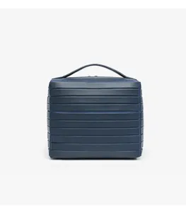 Blue striped cosmetic bag with top handle, portable travel storage organizer case for daily use.