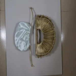 Woven half-moon straw bag with satin inner pouch, stylish handmade summer beach handbag