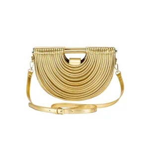 Gold semi-circular metallic crossbody bag with stylish pleated design for women fashion handbag