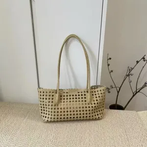 Vintage woven shoulder bag for women, stylish casual rattan tote bag with top handles for daily use.