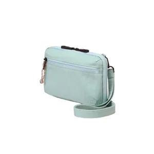 Light green small crossbody bag detail showing multi-pocket design, zippers and adjustable strap.