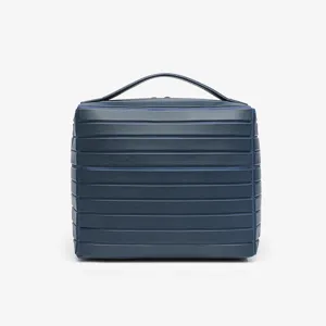 Dark blue striped cosmetic bag, large capacity travel toiletry case for daily commute.