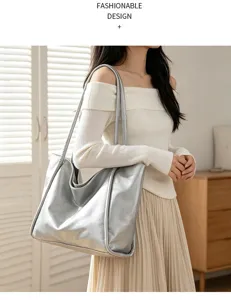 Stylish silver tote bag for women large capacity casual shoulder bag daily commuter handbag