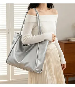 Large capacity women shoulder tote bag, stylish silver commuter handbag for daily casual wear.