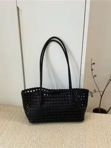 Black Woven Shoulder Bag Retro PU Leather Tote Bag Casual Daily Women Handbag Stylish