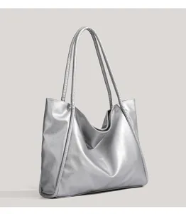 Silver PU leather tote bag, minimalist design, spacious interior, casual daily shoulder bag detail view.
