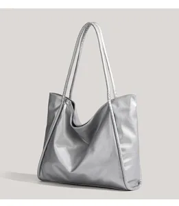 Silver Metallic Tote Bag Large Capacity Casual Shoulder Bag for Women Commute Daily Style