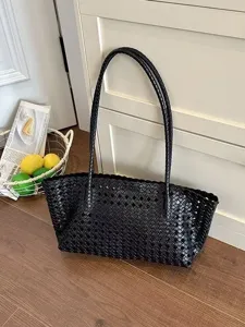 Black woven shoulder bag women stylish retro tote bag large capacity casual daily bag